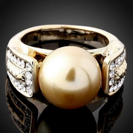11MM GOLDEN SWAROVSKI PEARL N CRYSTAL RING-sz9.5